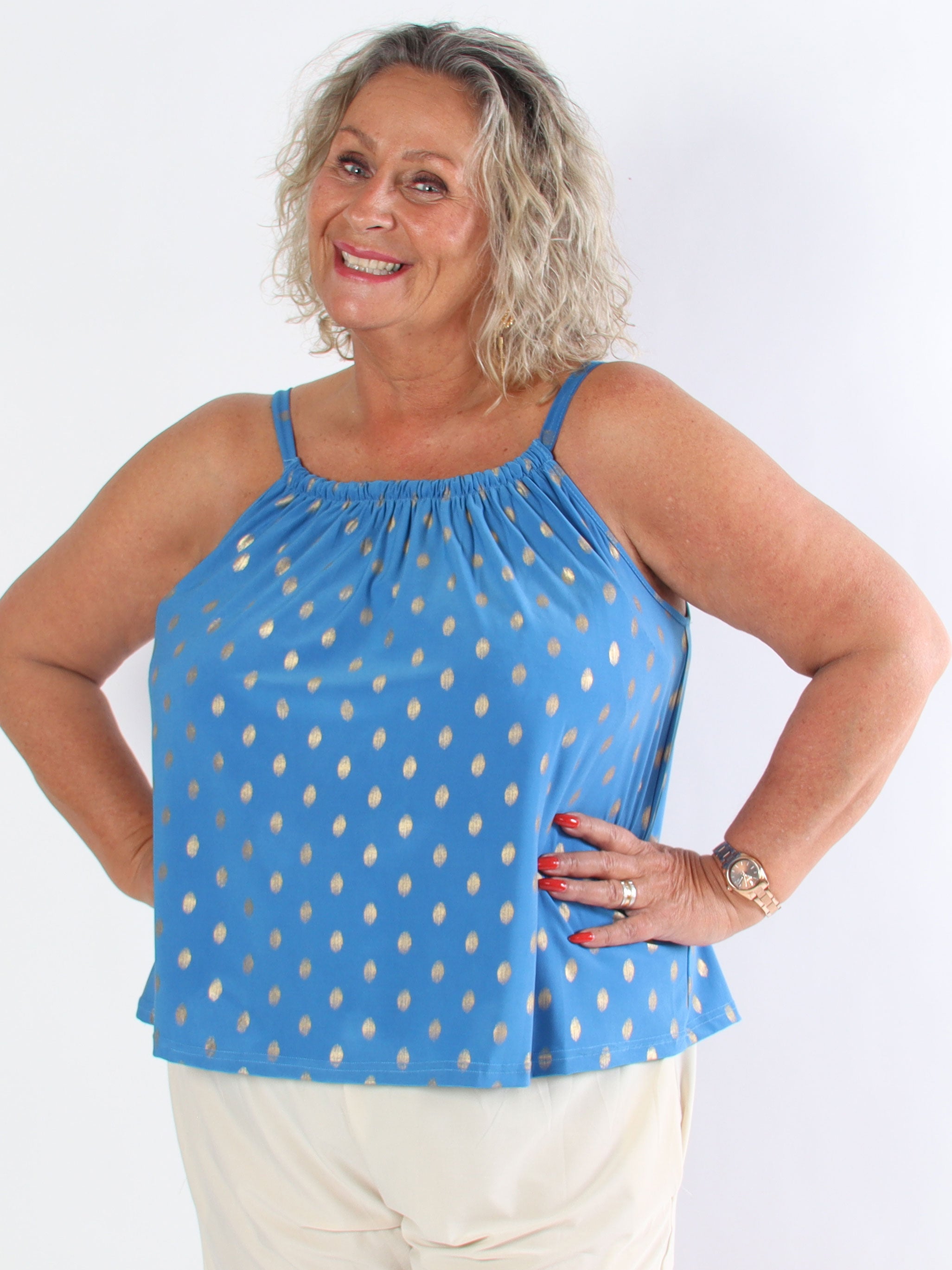 Sunlove Dot Top - Elastisk plus size stroptop med guld dutter